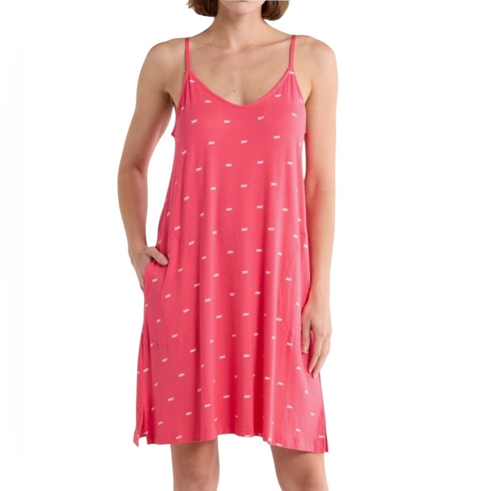 DKNY Hot Pink & White DKNY Logo Print Chemise Nightgown NWT M L